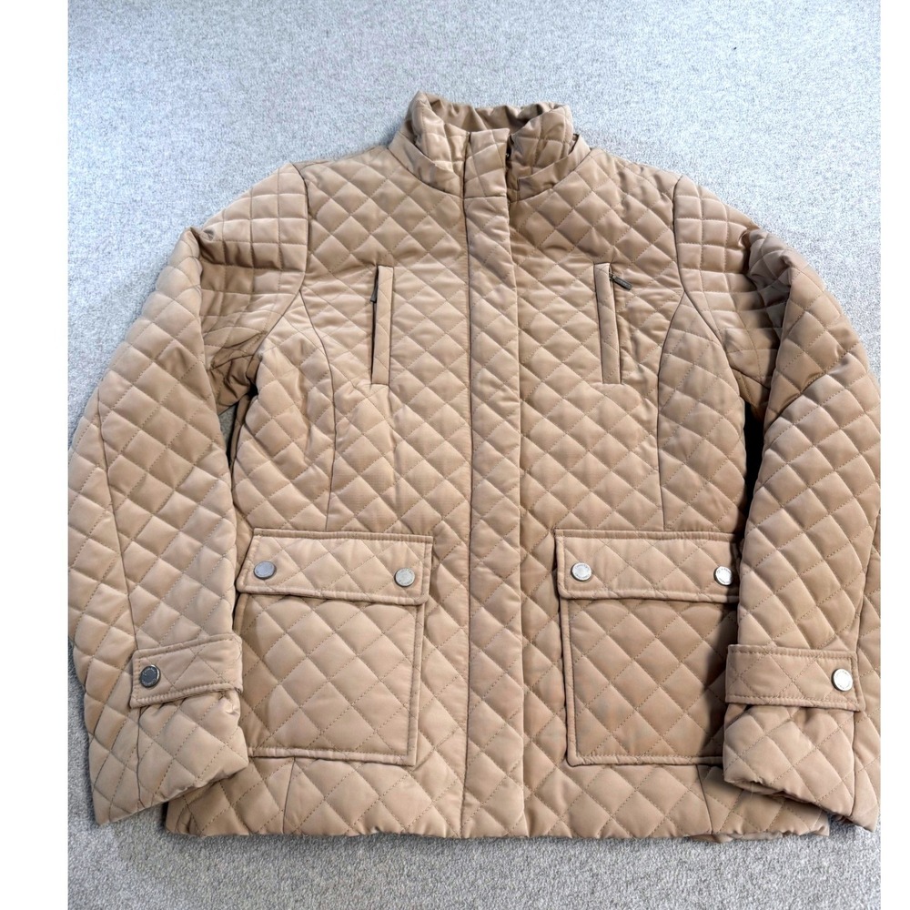 Calvin Klein Quilted Jacket Womens Small Tan Lightweight Puffer Snap Pocket Coat